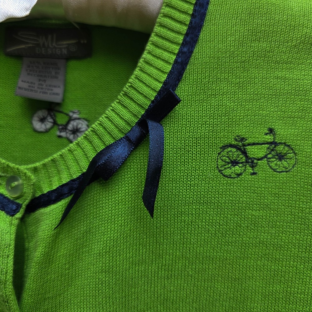 SWL Design Bicycle Cardigan Womens M Green Ramie Cotton Embroidered Ribbon Bow